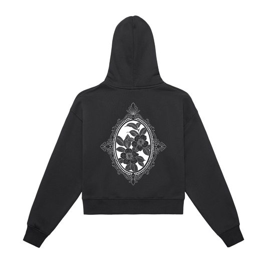 Framed Flowers Fleeced Zip-Up Cropped Hoodie