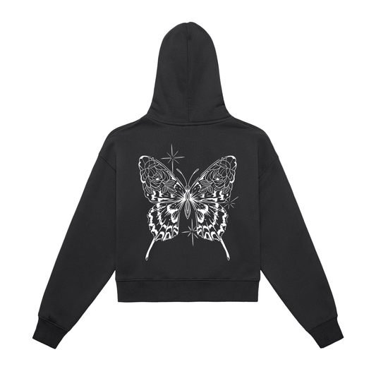 Butterfly Fleeced Zip-Up Cropped Hoodie