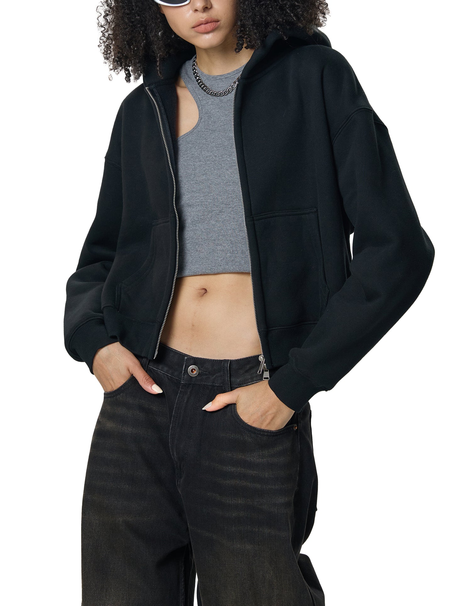 Butterfly Fleeced Zip-Up Cropped Hoodie